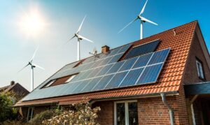 solar-panel-on-a-roof-and-wind-turbins-arround-picture-id641260798
